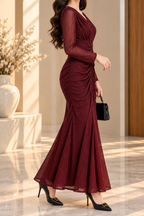 Ruched V-Neck Long Sleeve Bodycon Dress