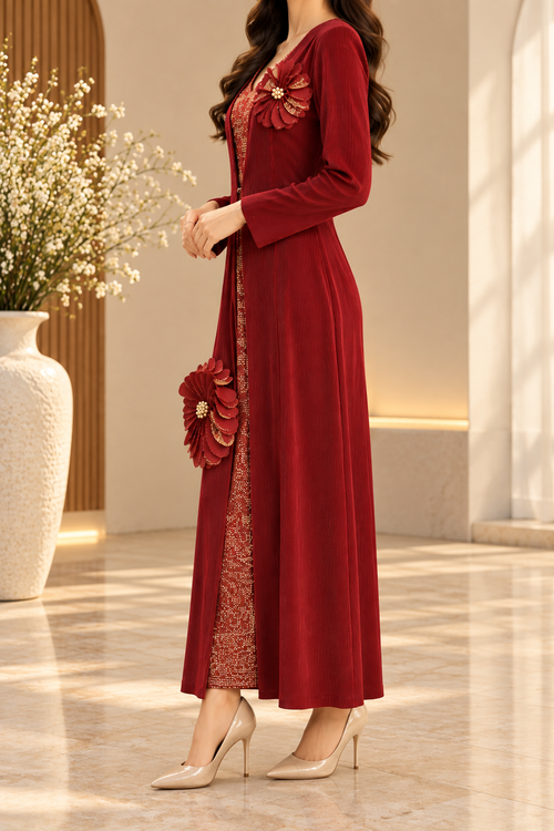 AA 0111 3D Floral Embellished Pleated Maxi Dress