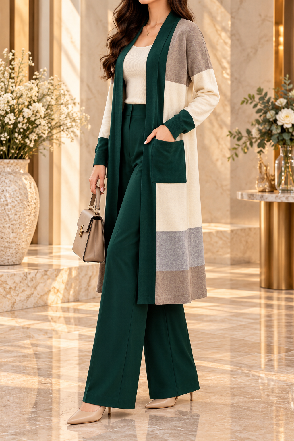 AA 011 Colour Block Longline Knit Cardigan set