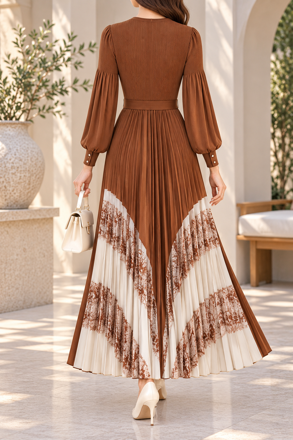 AA 0111 Brown & Ivory Pleated Maxi Dress