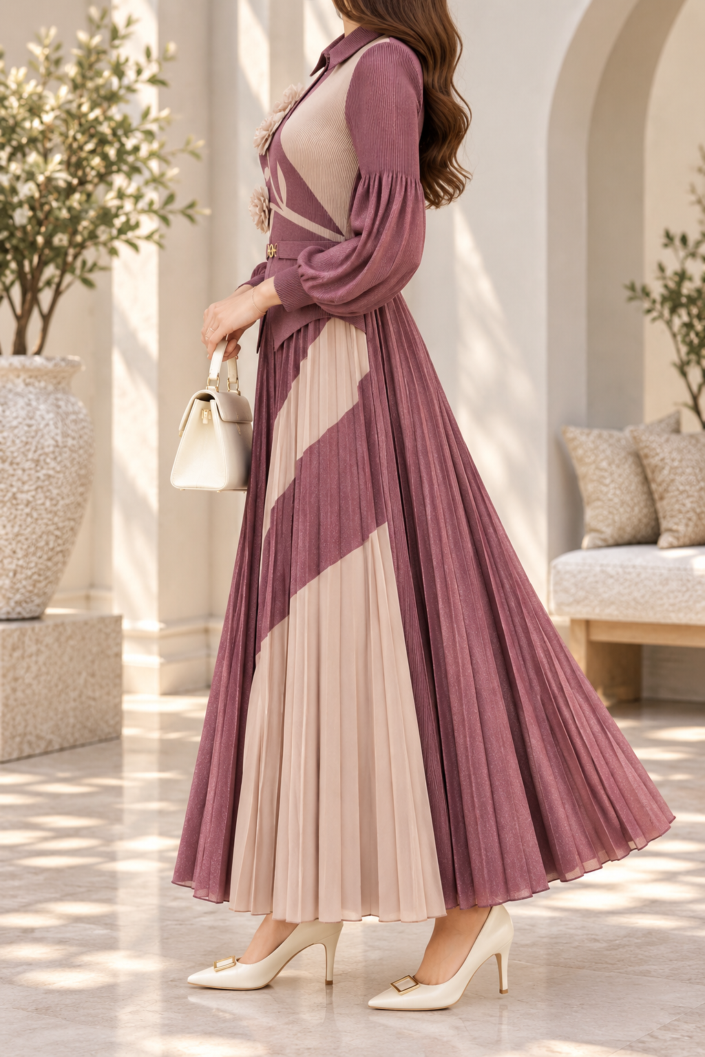 AA 0111 Mauve Floral Pleated Maxi Dress