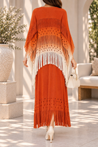 AA 0111 Orange Fringe Maxi Dress with Crochet Shrug
