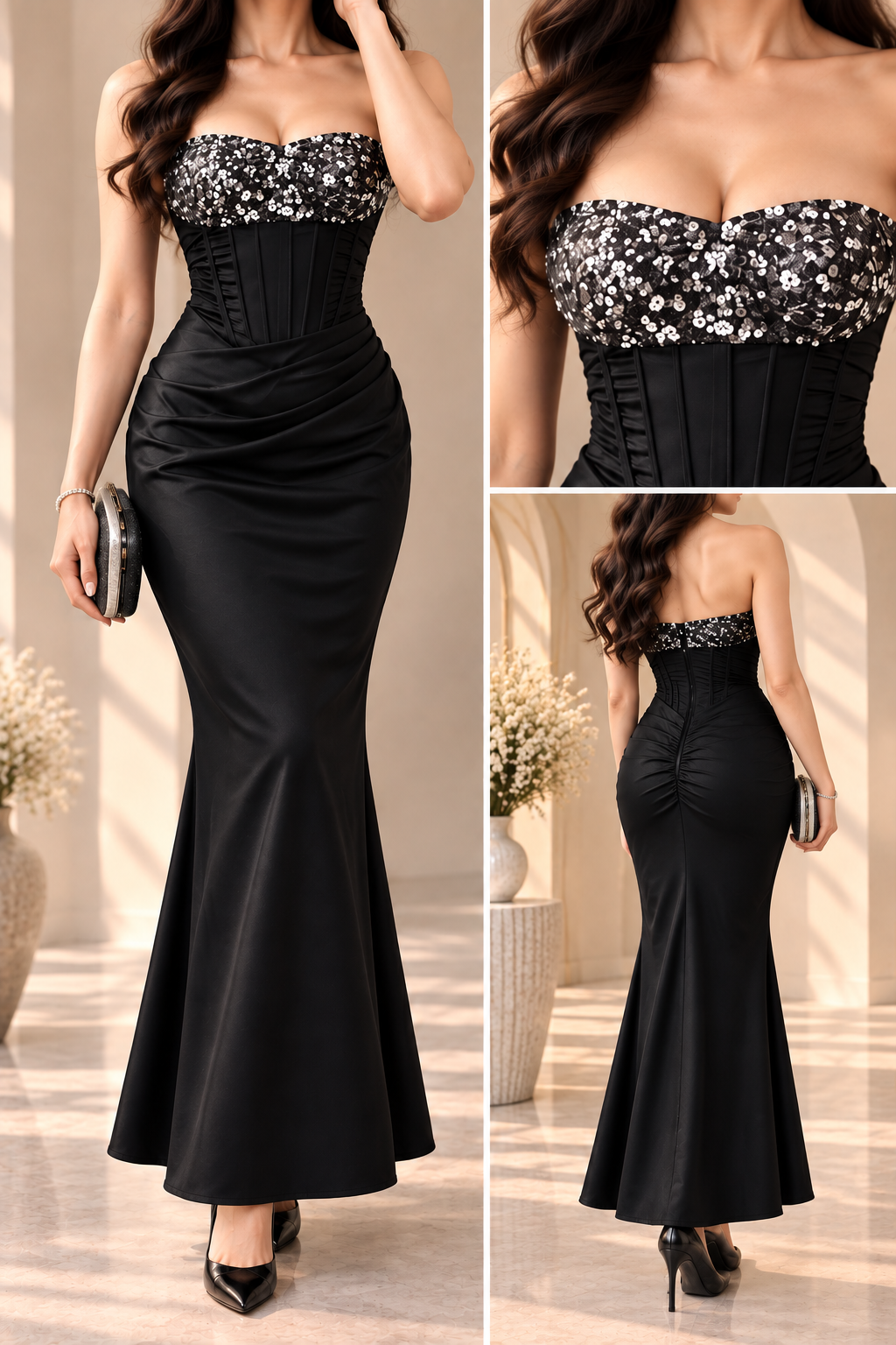 AA 0111 Elegant Sequin Corset Mermaid Maxi Dress