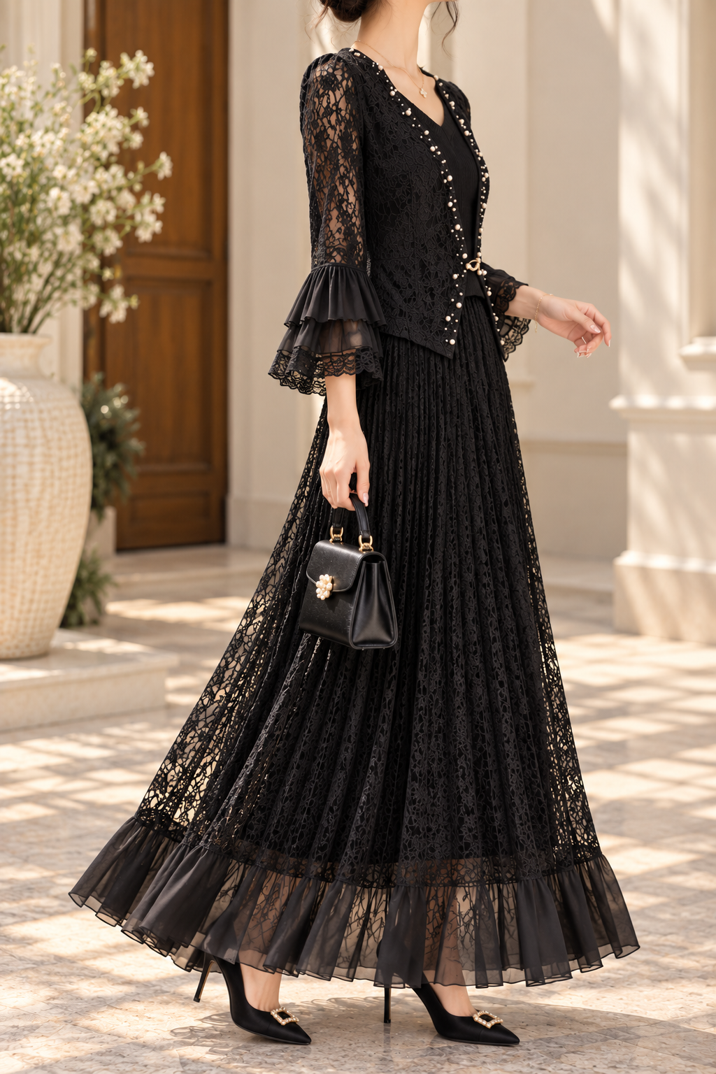 AA 0111 Emerald Green Velvet Pleated Maxi Dress