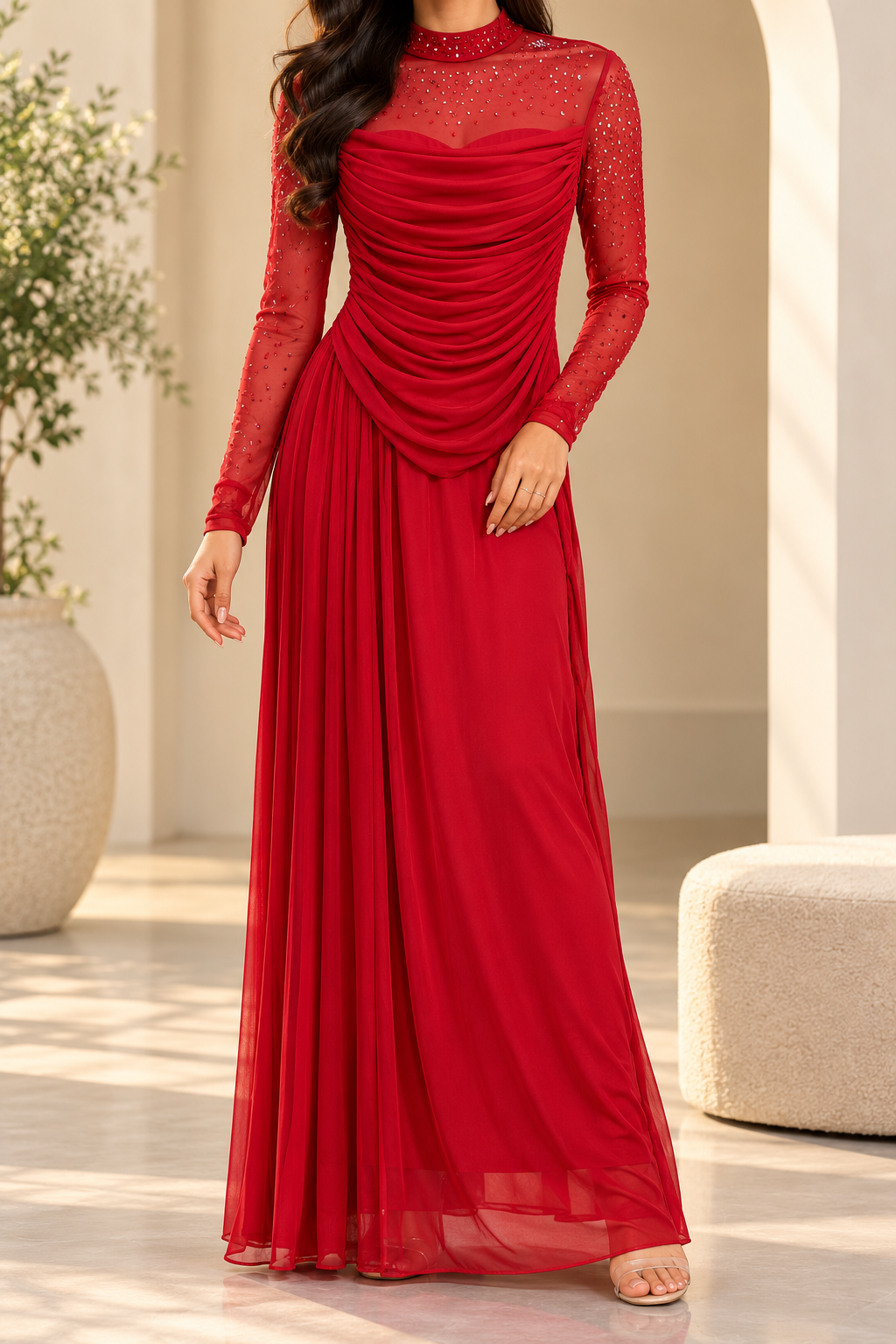 AA 0111 Ruby Red Embellished Ruched Maxi Dress