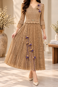 AA 0111 Elegant Beige Lace Pleated Midi Dress