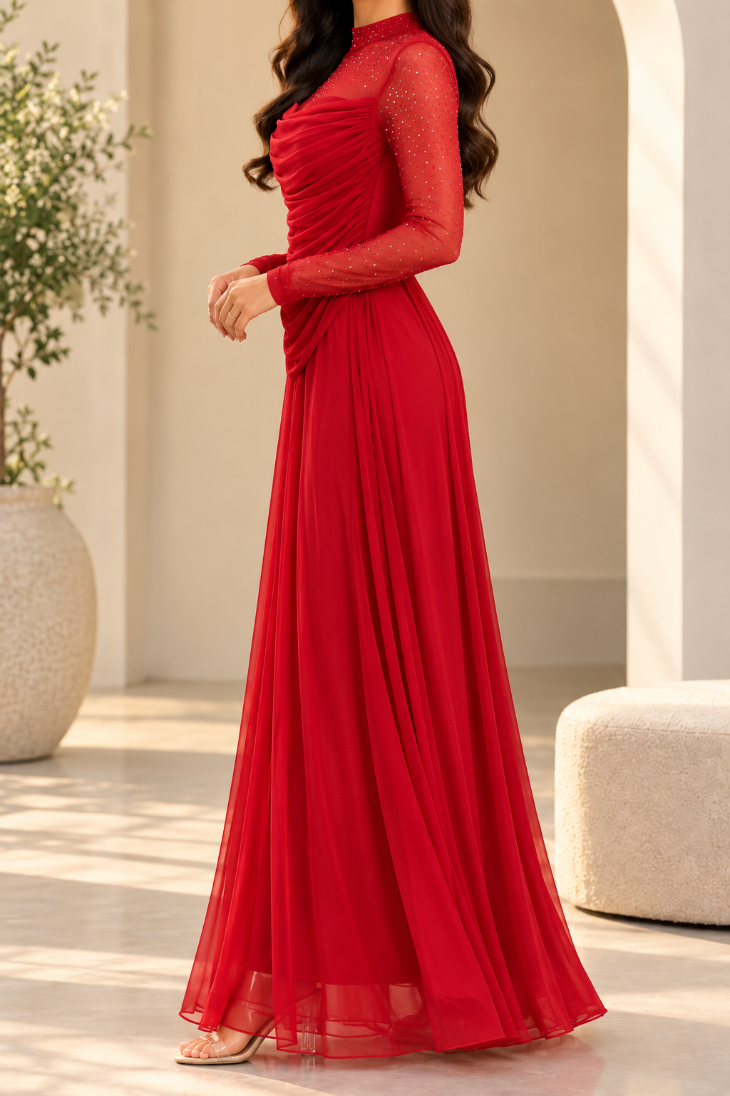 AA 0111 Ruby Red Embellished Ruched Maxi Dress