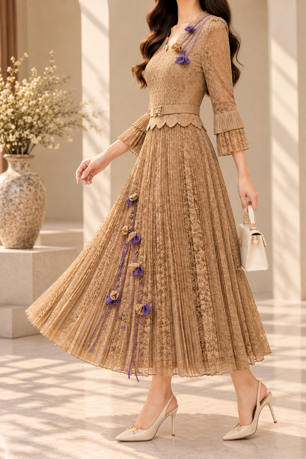AA 0111 Elegant Beige Lace Pleated Midi Dress