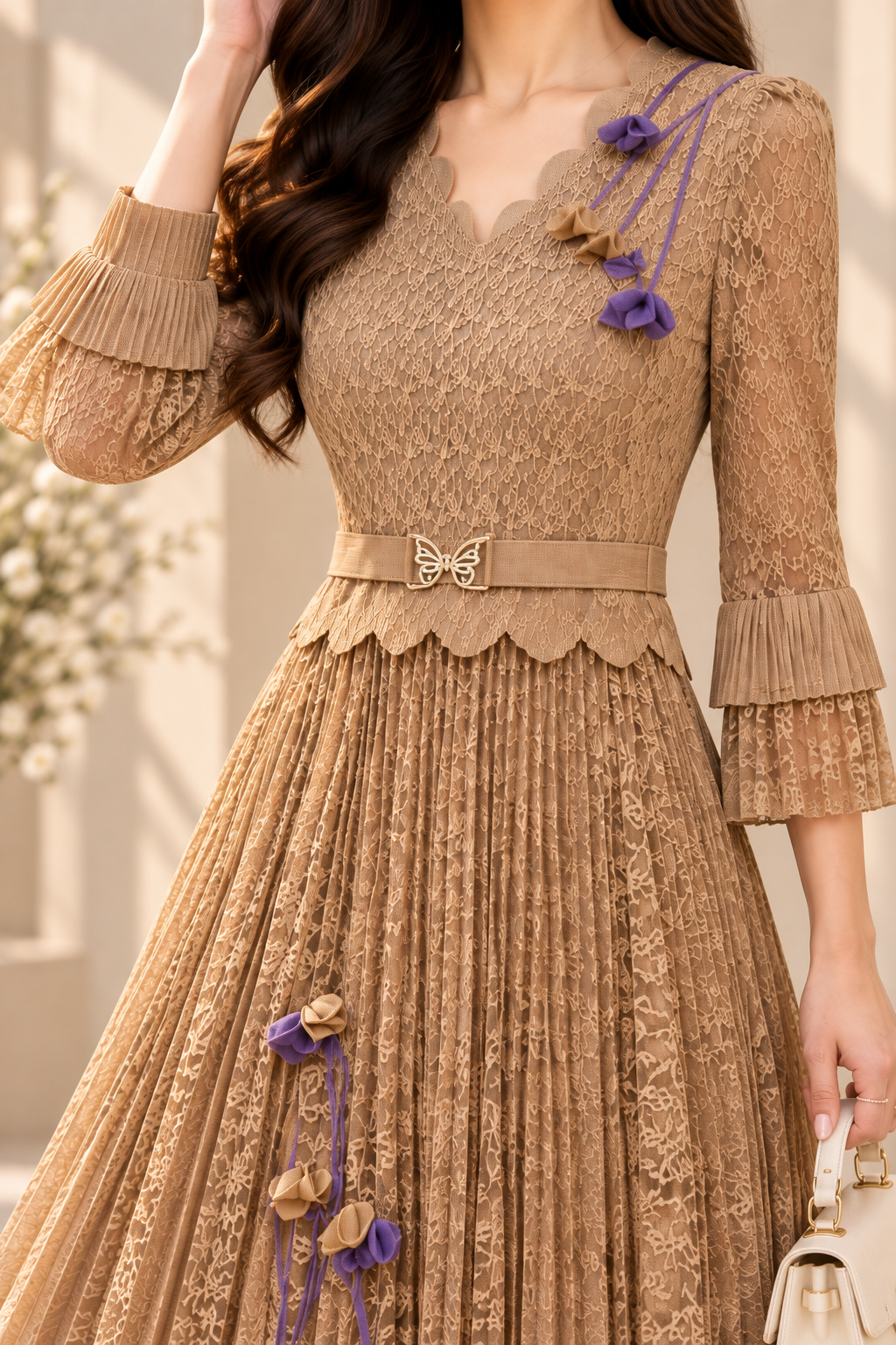 AA 0111 Elegant Beige Lace Pleated Midi Dress