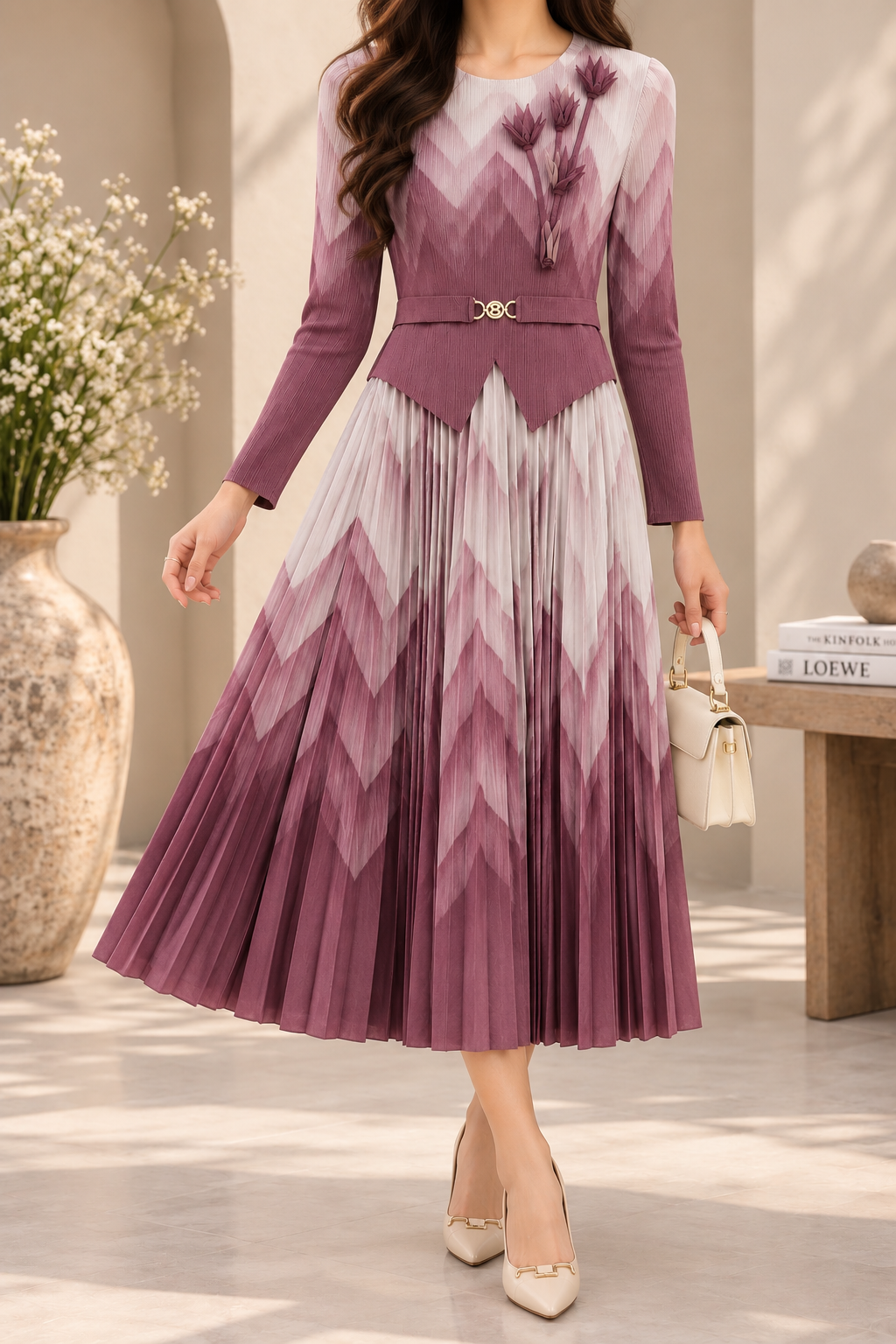 AA 0111 Mauve Chevron Pleated Midi Dress with Floral Appliqué