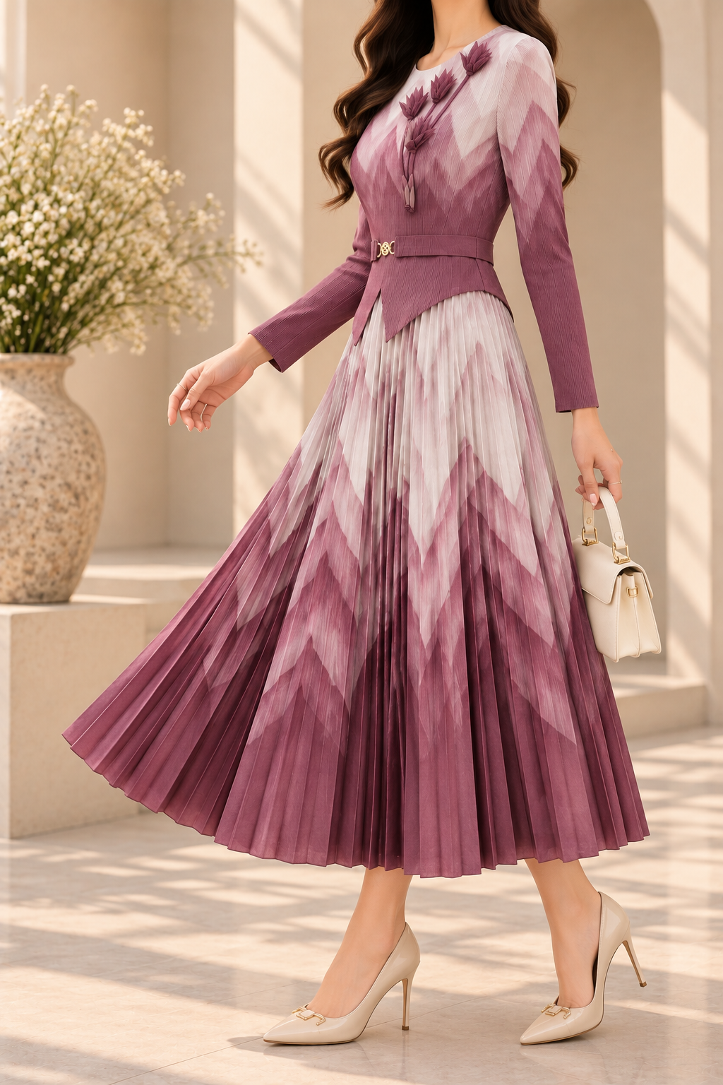 AA 0111 Mauve Chevron Pleated Midi Dress with Floral Appliqué