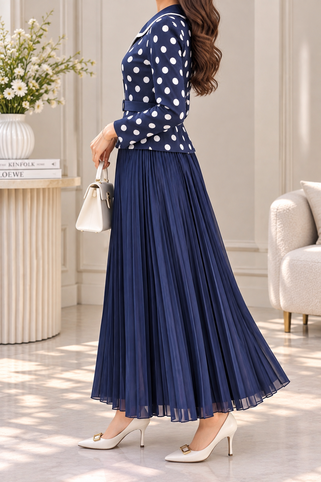 AA 0111 Navy Blue Polka Dot Pleated Maxi Dress