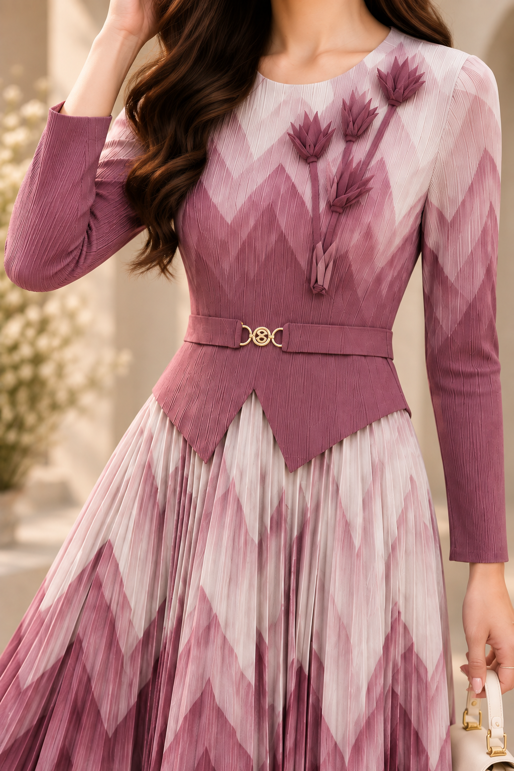 AA 0111 Mauve Chevron Pleated Midi Dress with Floral Appliqué