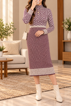 AA 011 Chevron Pattern High-Neck Knit Midi Dress