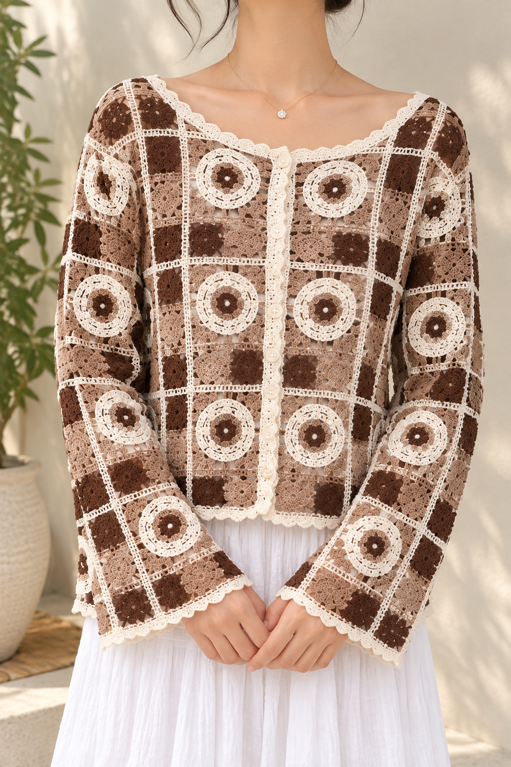 AA 0111 Floral Crochet Button-Up Cardigan