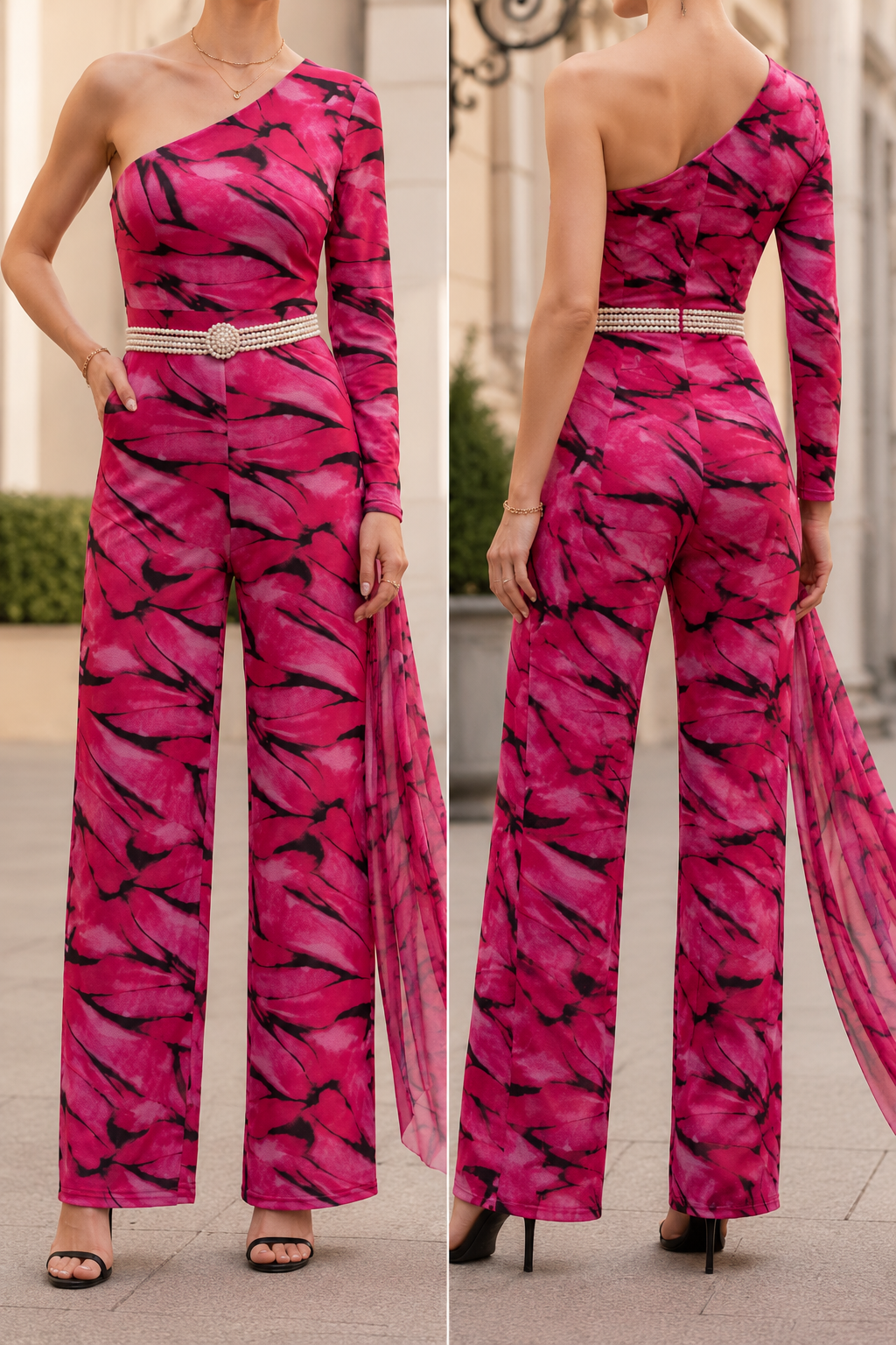 AA 0113C Fuchsia One-Shoulder Jumpsuit