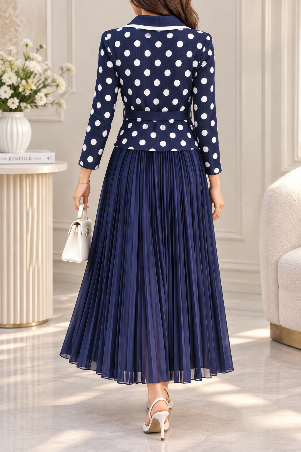 AA 0111 Navy Blue Polka Dot Pleated Maxi Dress