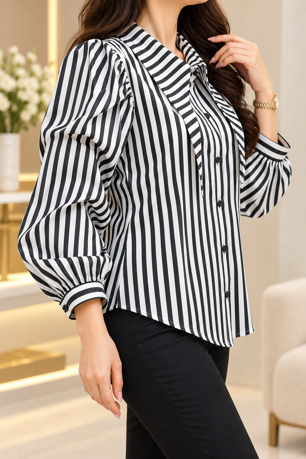 Monochrome Elegance Puff Sleeve Shirt GG