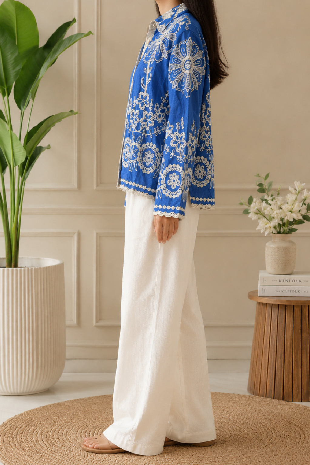 AA 102 Embroidered Denim-Feel Shirt Top