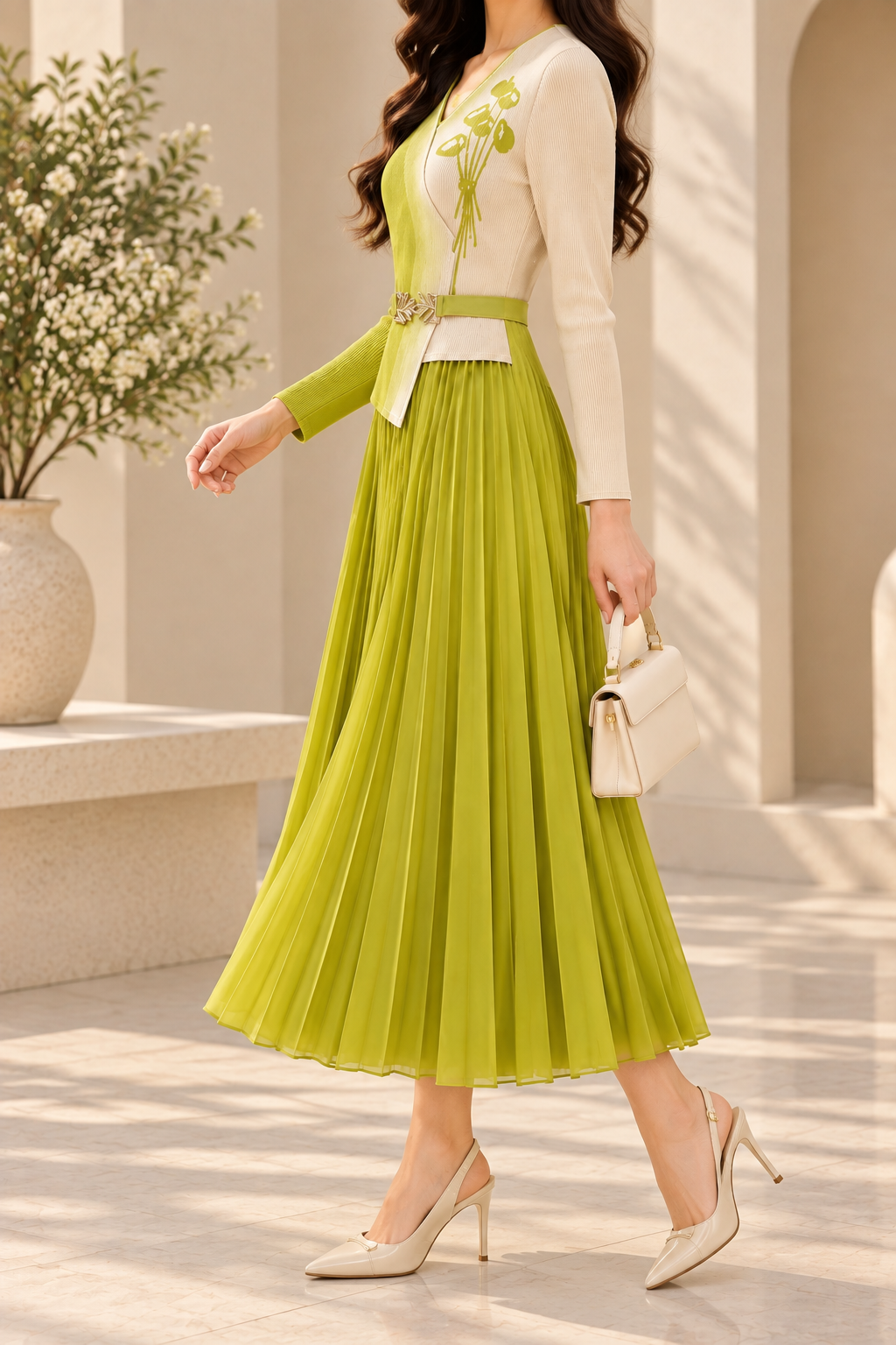 AA 011 Lime & Ivory Floral Pleated Midi Dress
