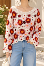AA 0111 Floral Crochet Bell-Sleeve Top