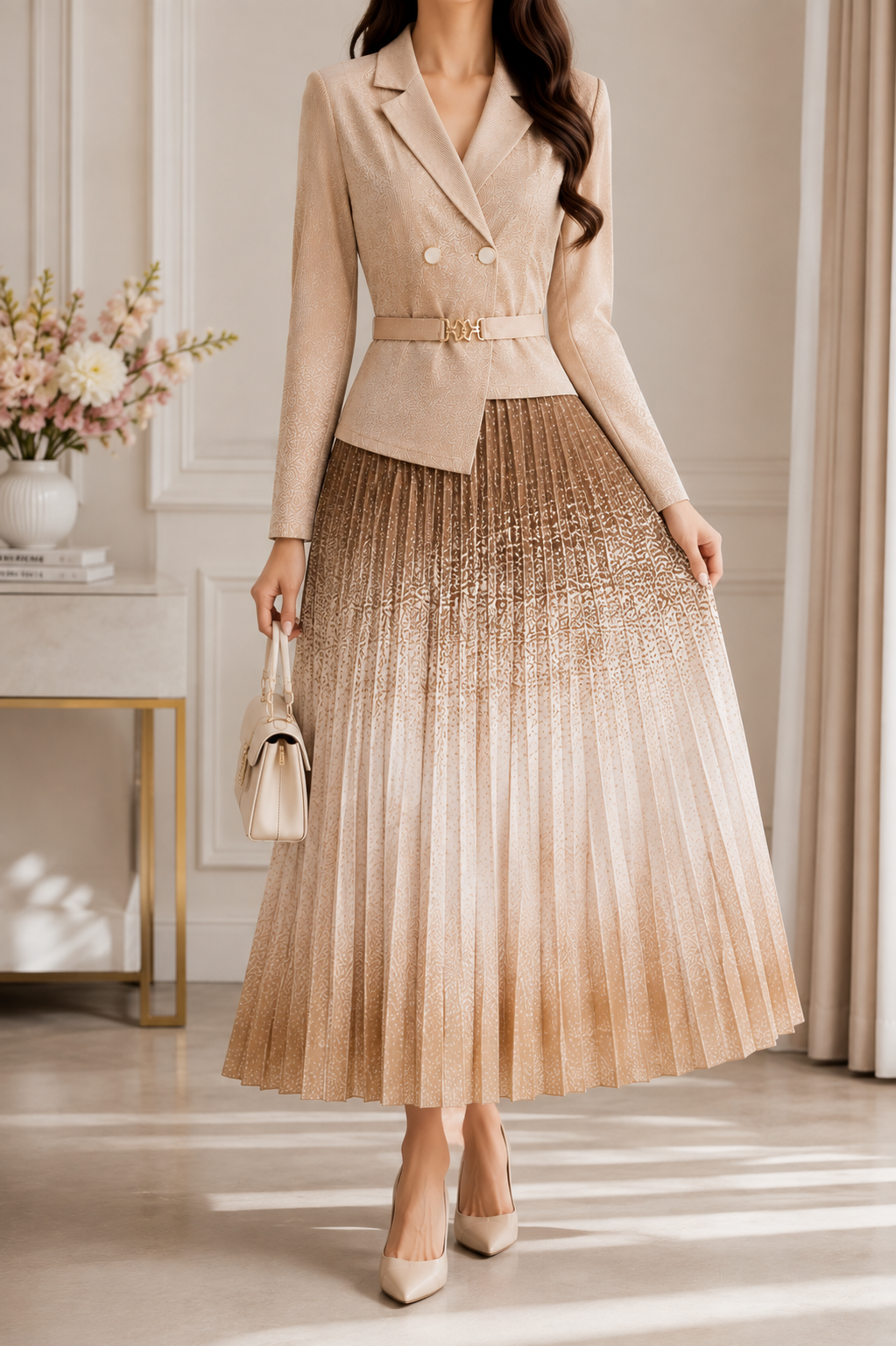 AA 0111 Champagne Shimmer Pleated Dress
