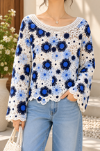 AA 0111 Floral Crochet Bell-Sleeve Top