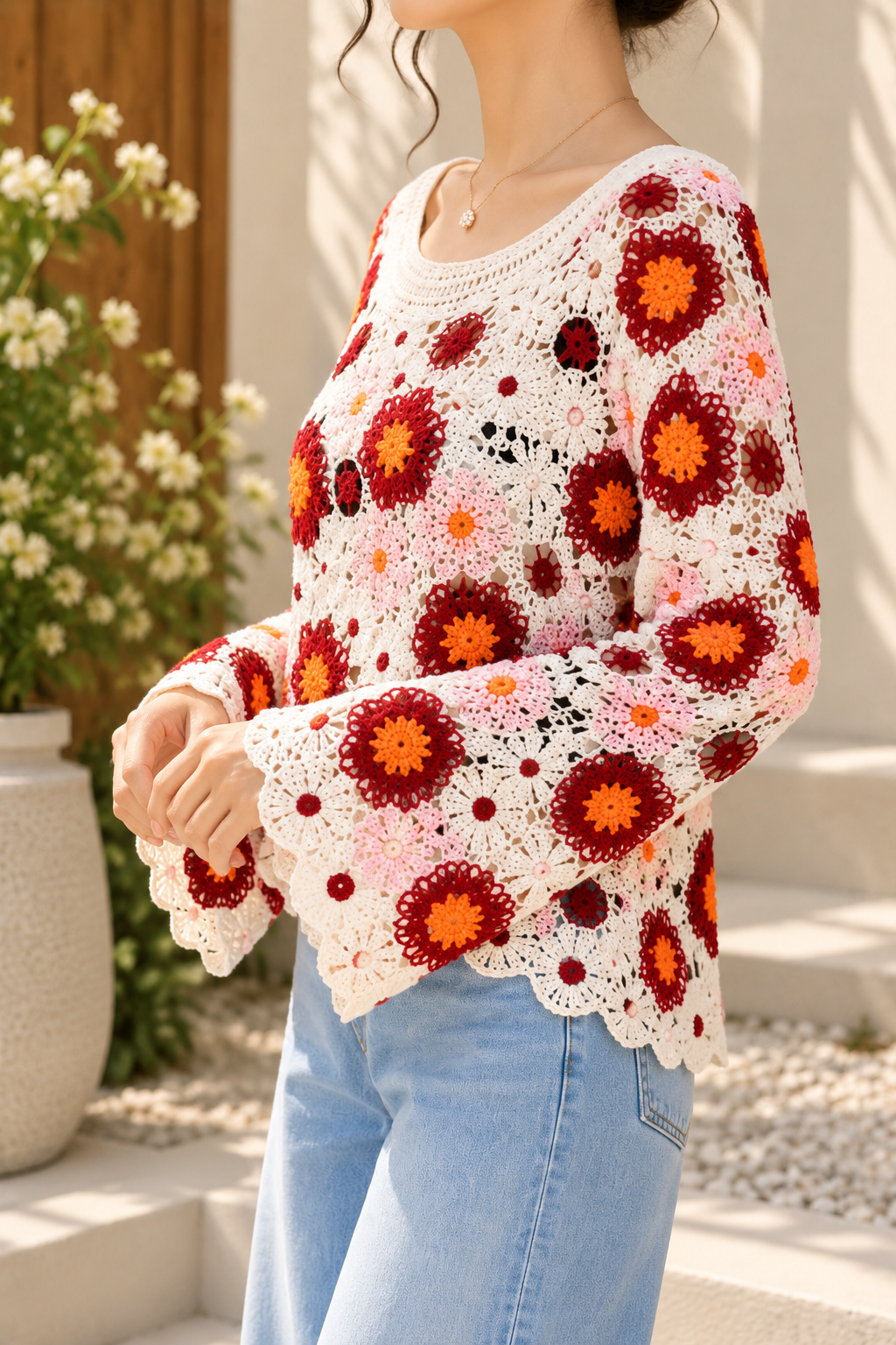 AA 0111 Floral Crochet Bell-Sleeve Top
