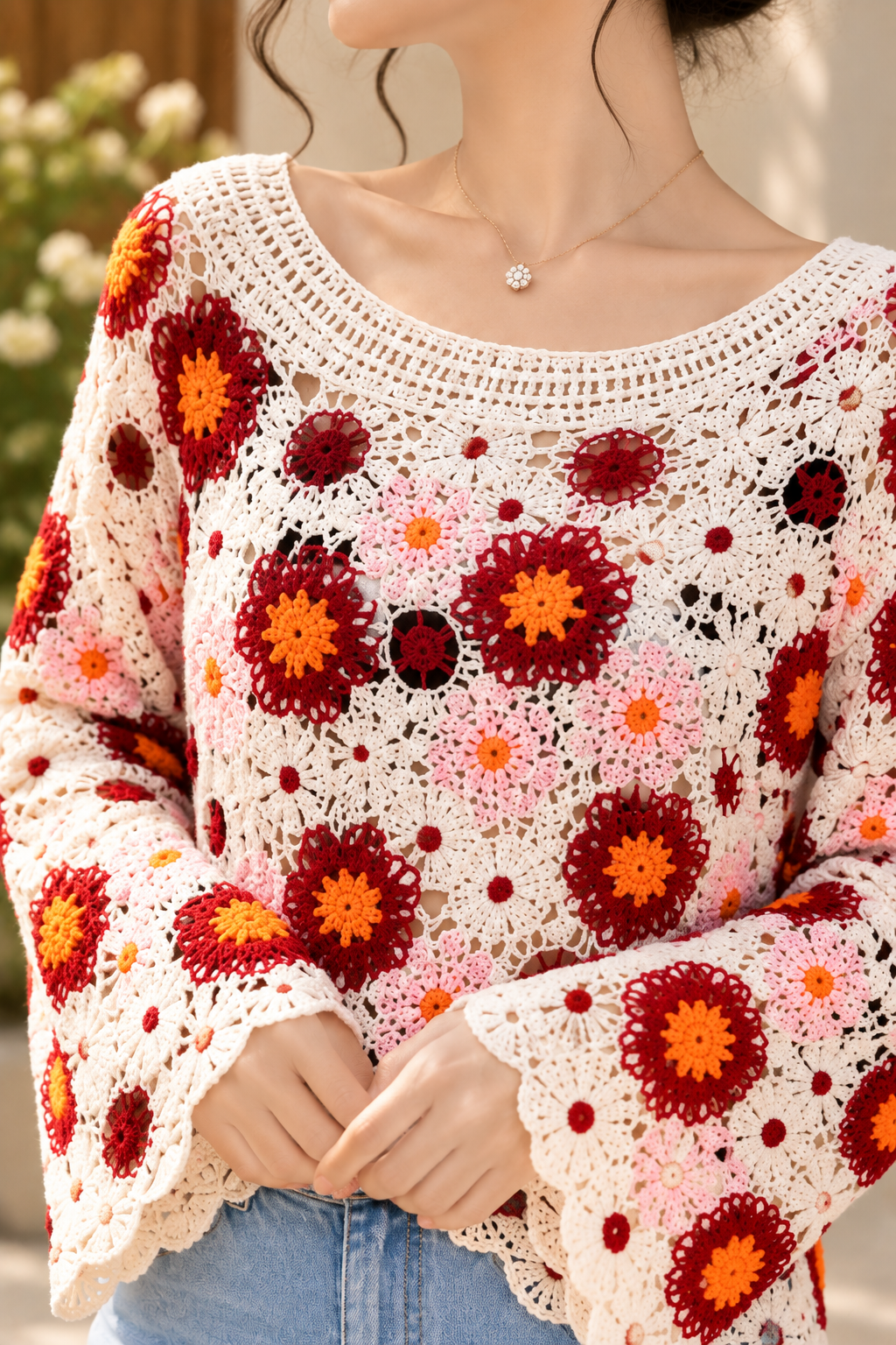 AA 0111 Floral Crochet Bell-Sleeve Top