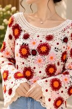 AA 0111 Floral Crochet Bell-Sleeve Top