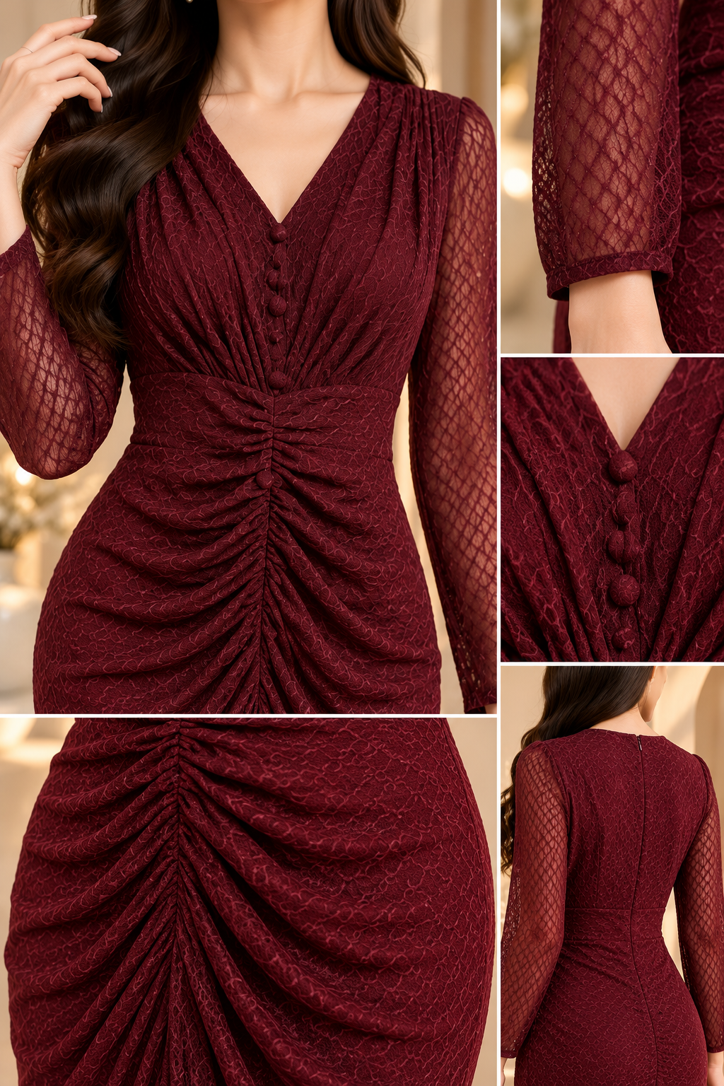 Ruched V-Neck Long Sleeve Bodycon Dress