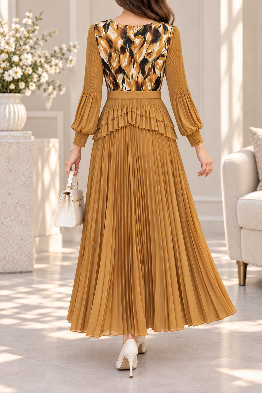AA 0111 Mustard Floral Pleated Maxi Dress