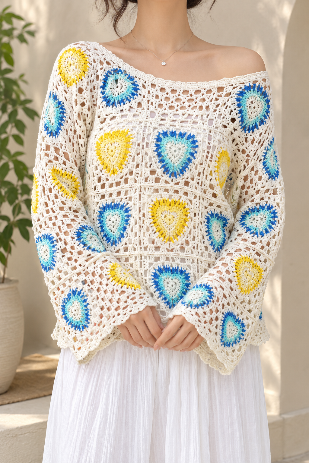 AA 0111 Crochet Granny Square Off-Shoulder Top