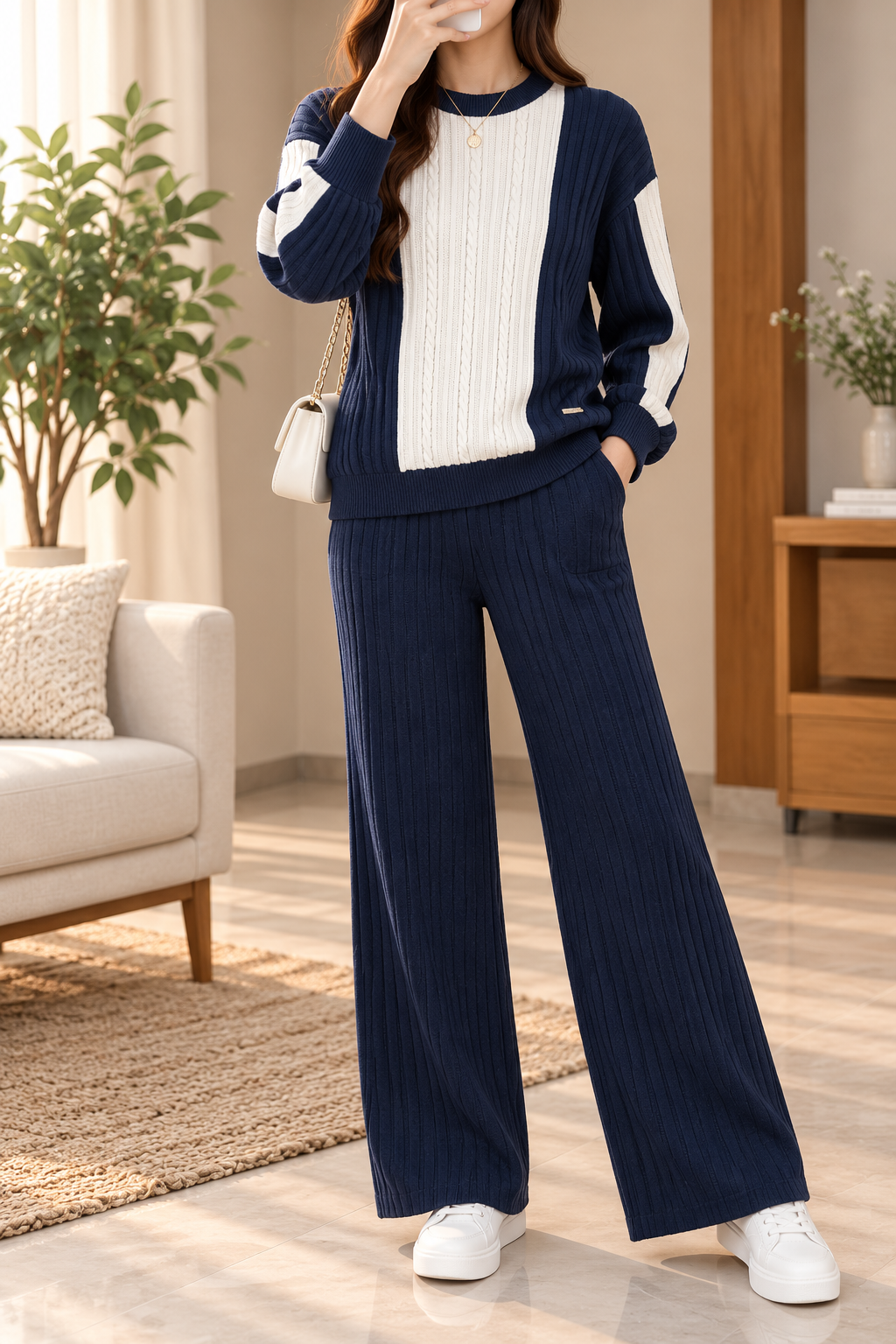 AA 011 Contrast Panel Cable-Knit Coord set
