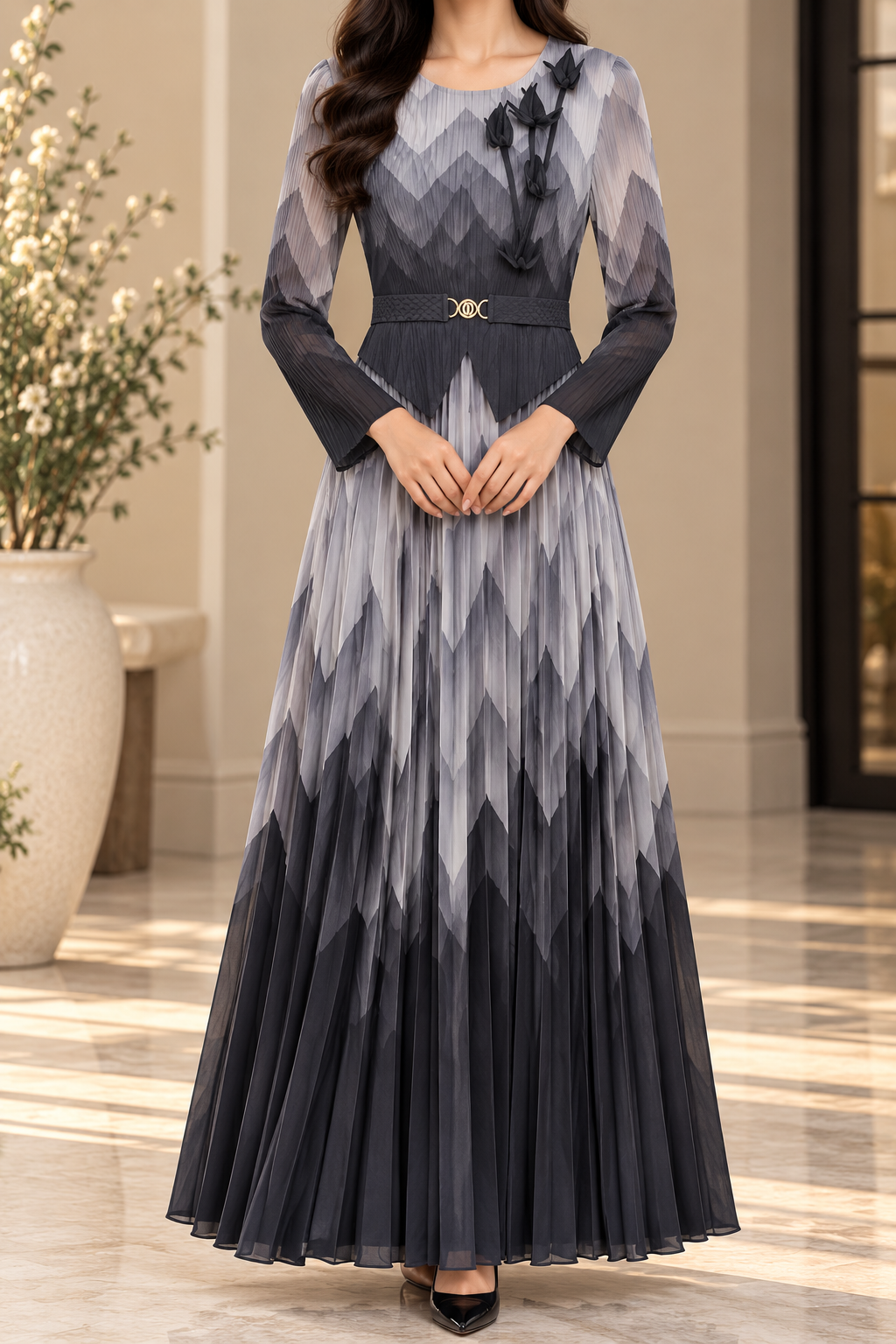 AA 0111 Mauve Chevron Pleated Midi Dress