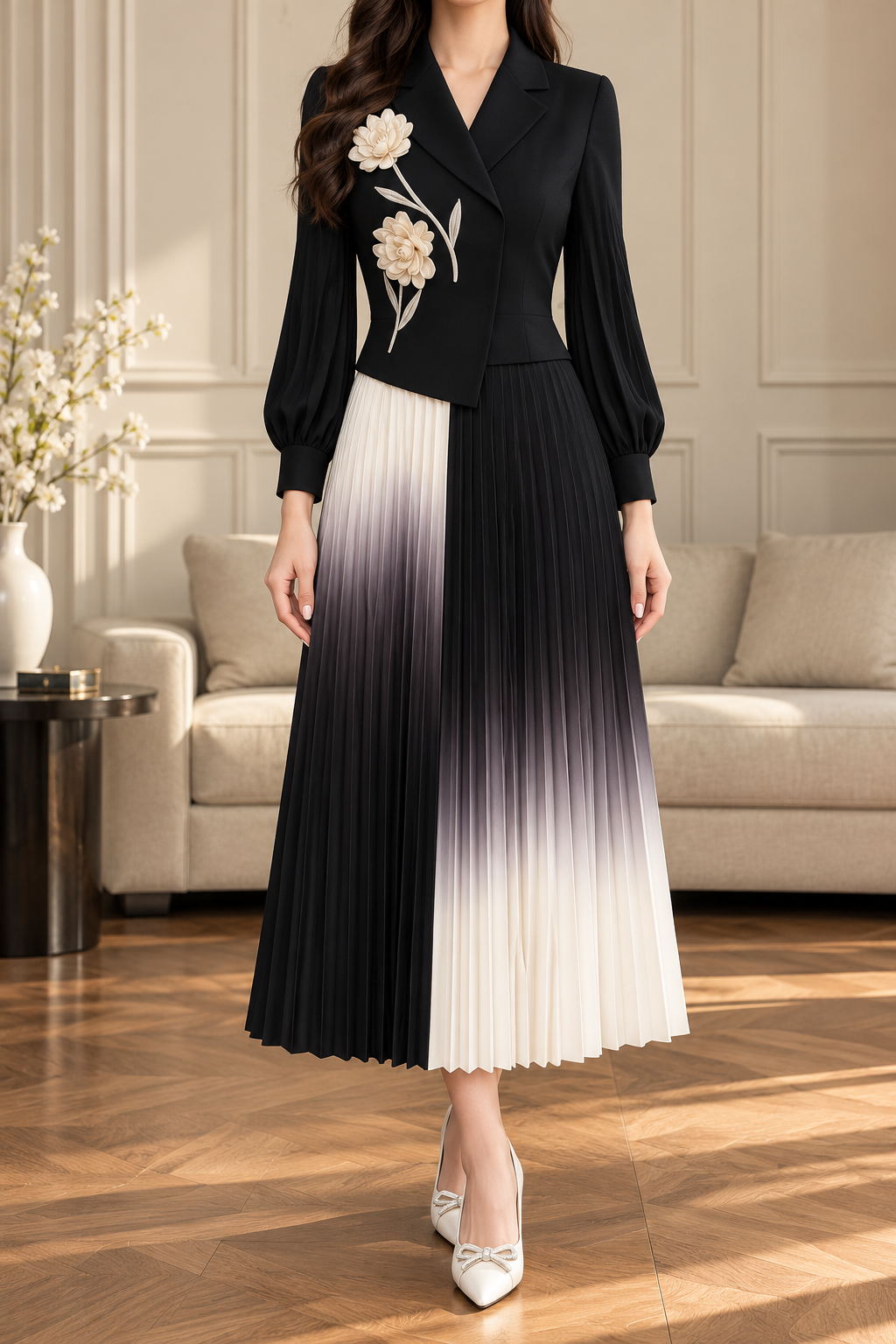Ombre Floral Blazer Pleated Dress