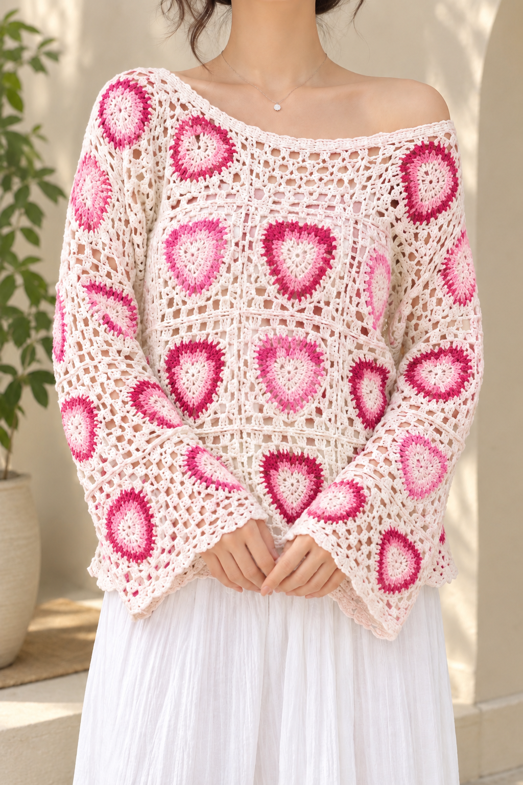AA 0111 Crochet Granny Square Off-Shoulder Top