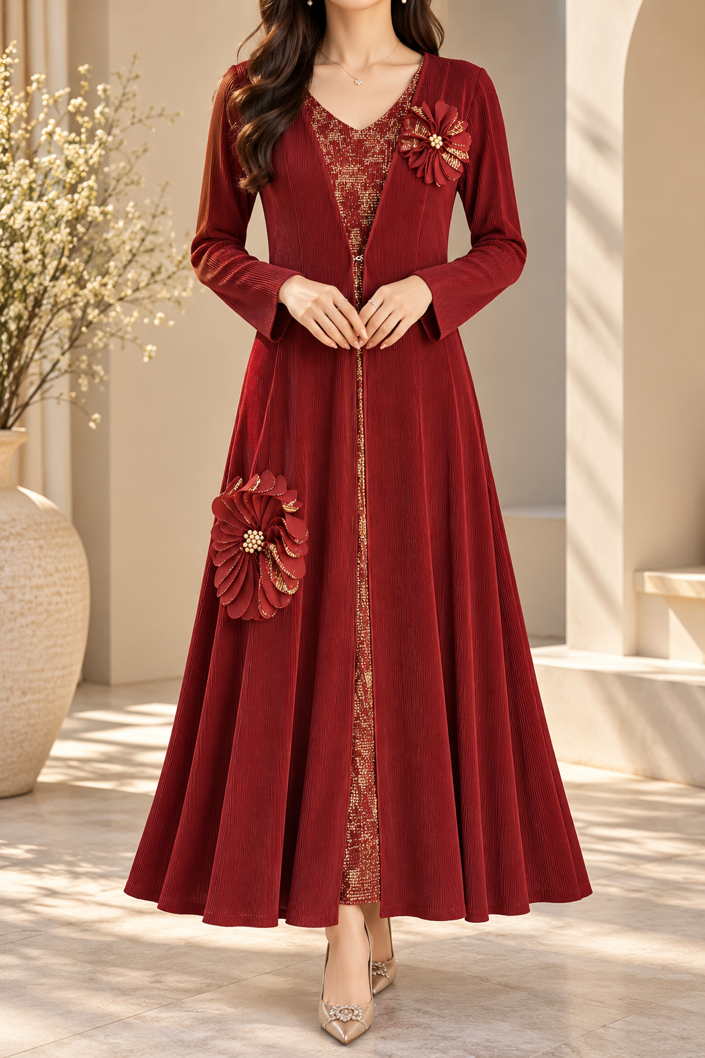 AA 0111 3D Floral Embellished Pleated Maxi Dress