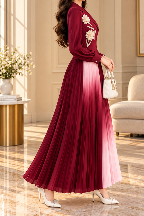 Ombre Floral Blazer Pleated Dress