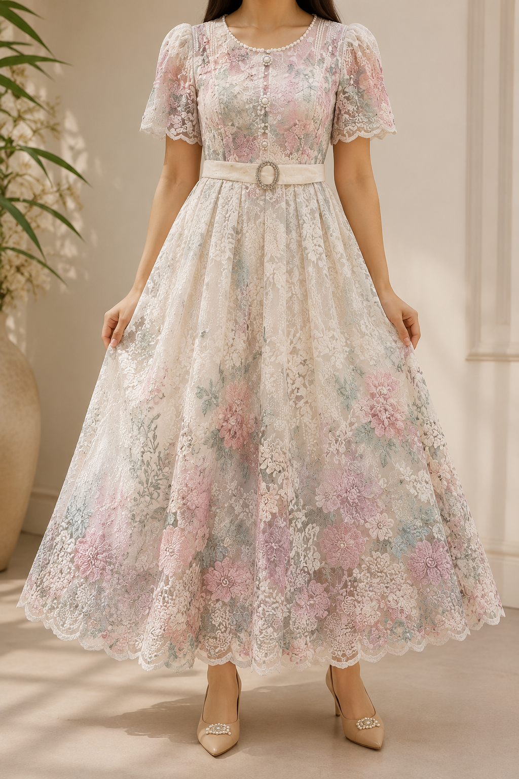 AA 0111F Blush Bloom Lace Midi Dress