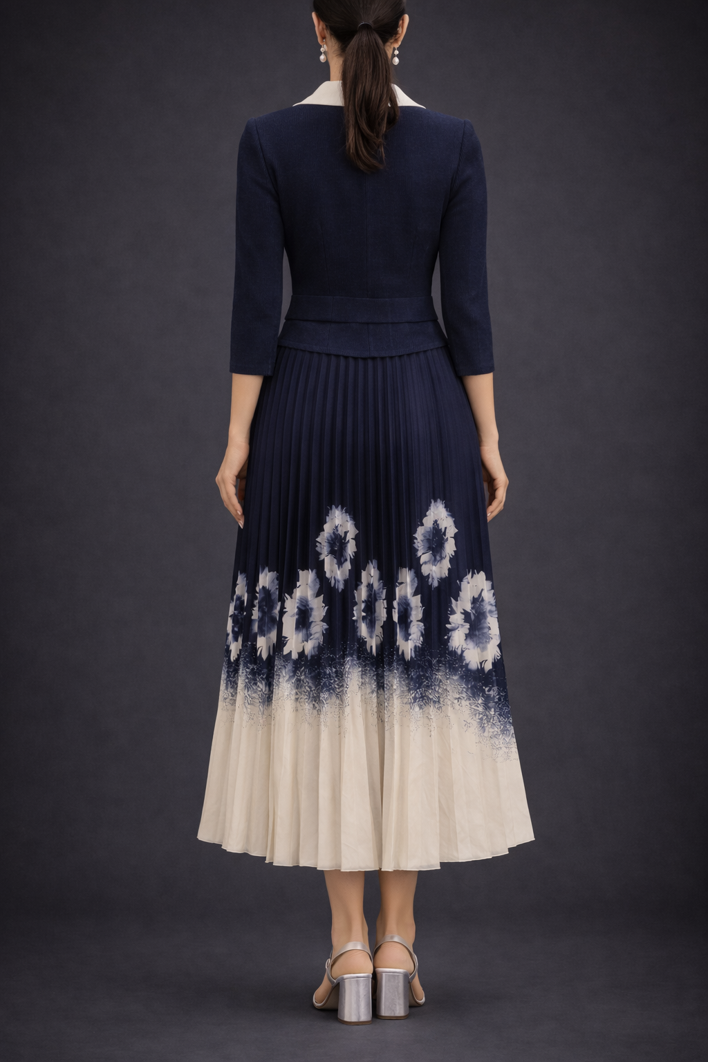 Navy Blue Magic Midi Dress with Statement Jacket Bodice