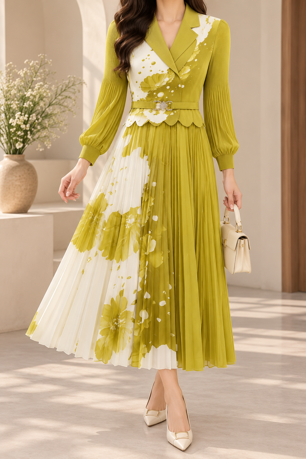 AA 0111 Lime Green & Ivory Floral Pleated Blazer Midi Dress