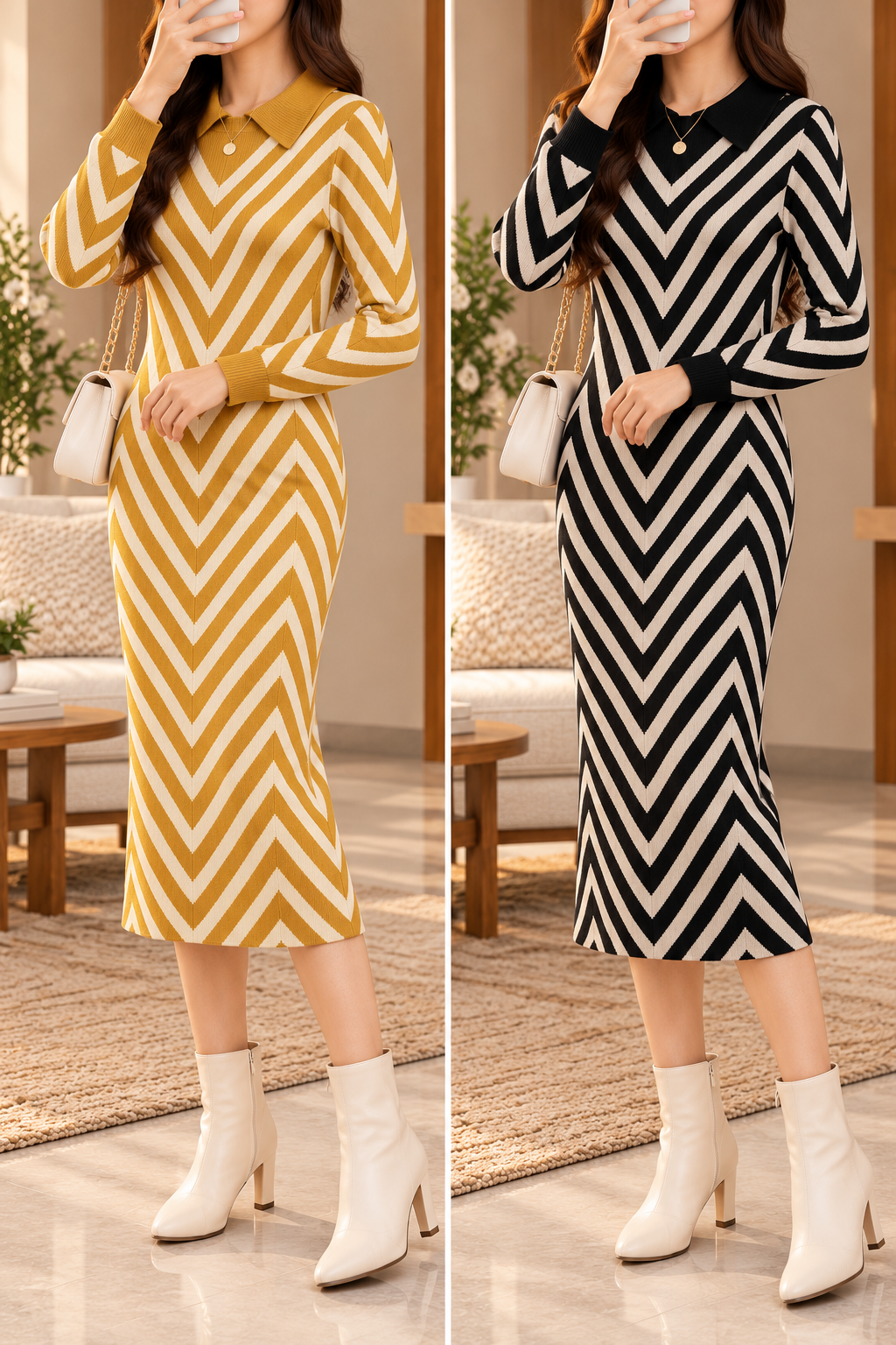 AA 011 Chevron Striped Collared Knit Midi Dress