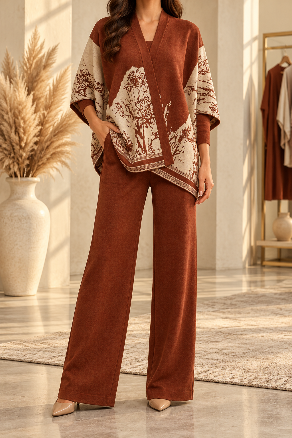 AA 011 Rustic Charm Printed Poncho Co-Ord Set