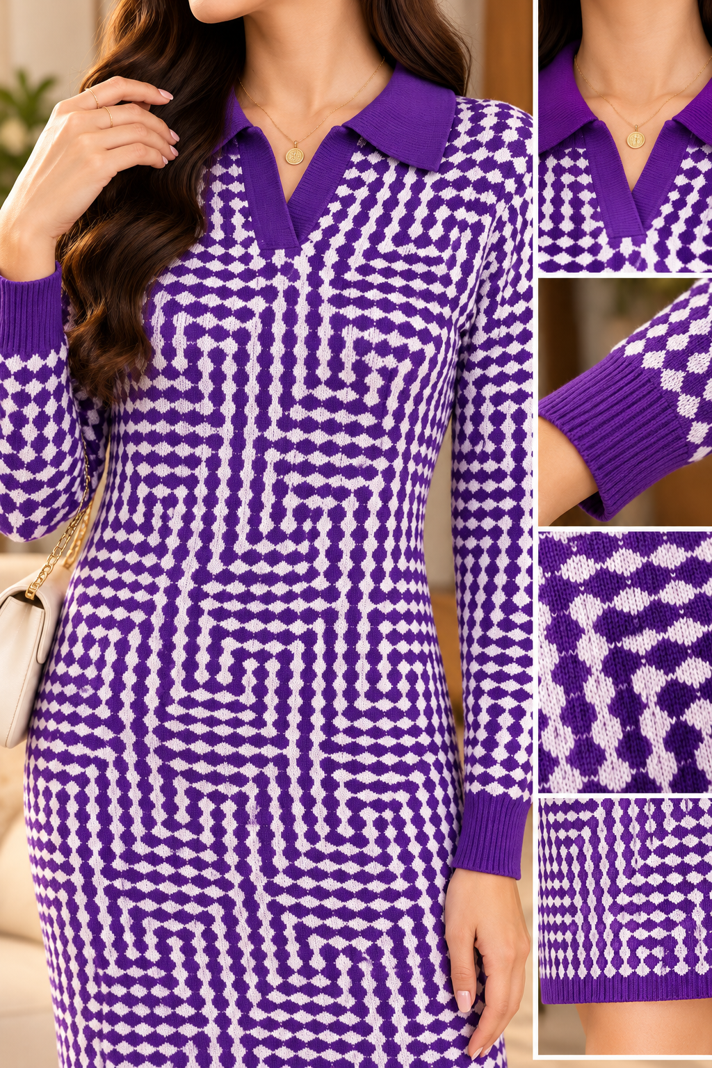 AA 011 Geometric Pattern Collared Knit Midi Dress