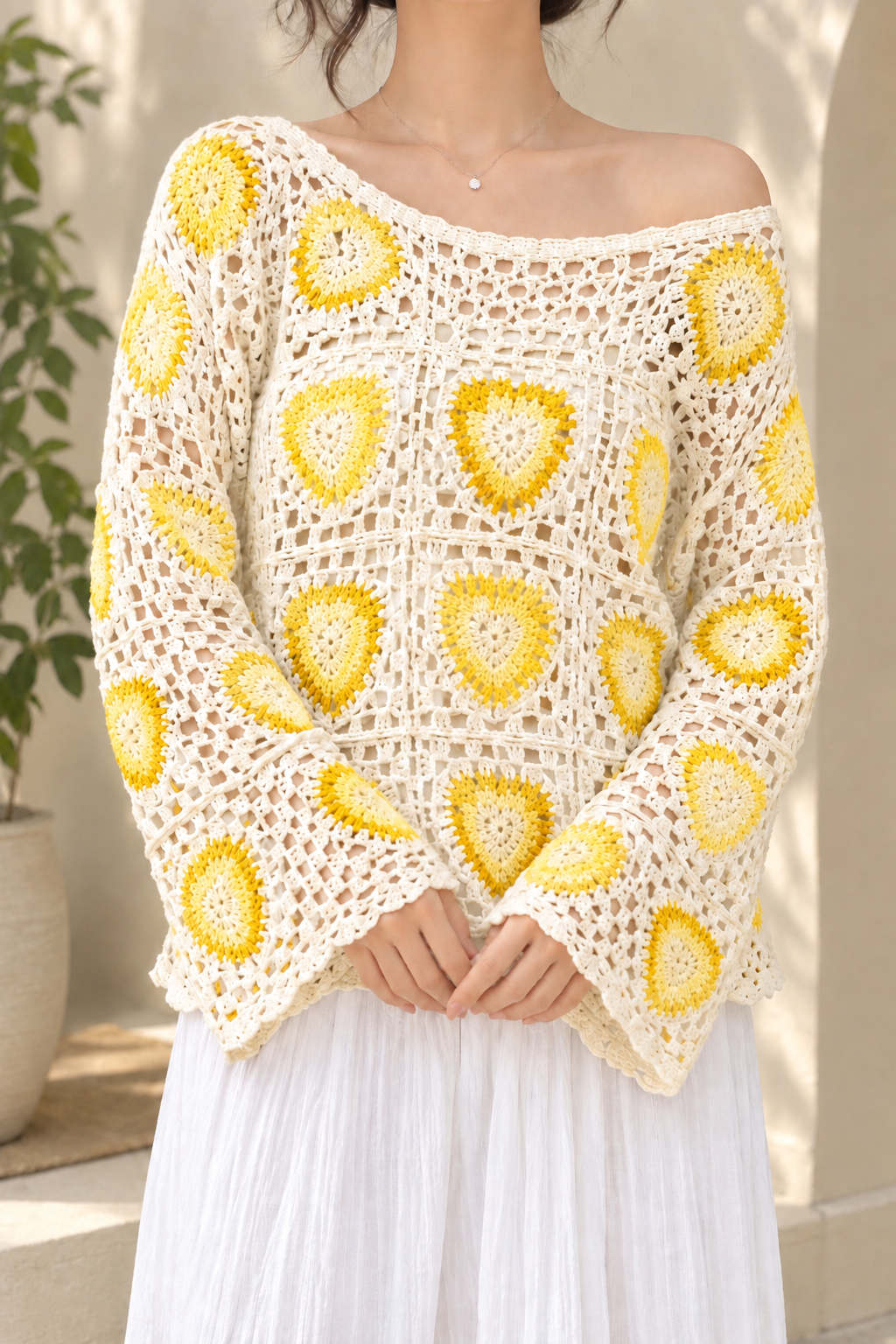 AA 0111 Crochet Granny Square Off-Shoulder Top