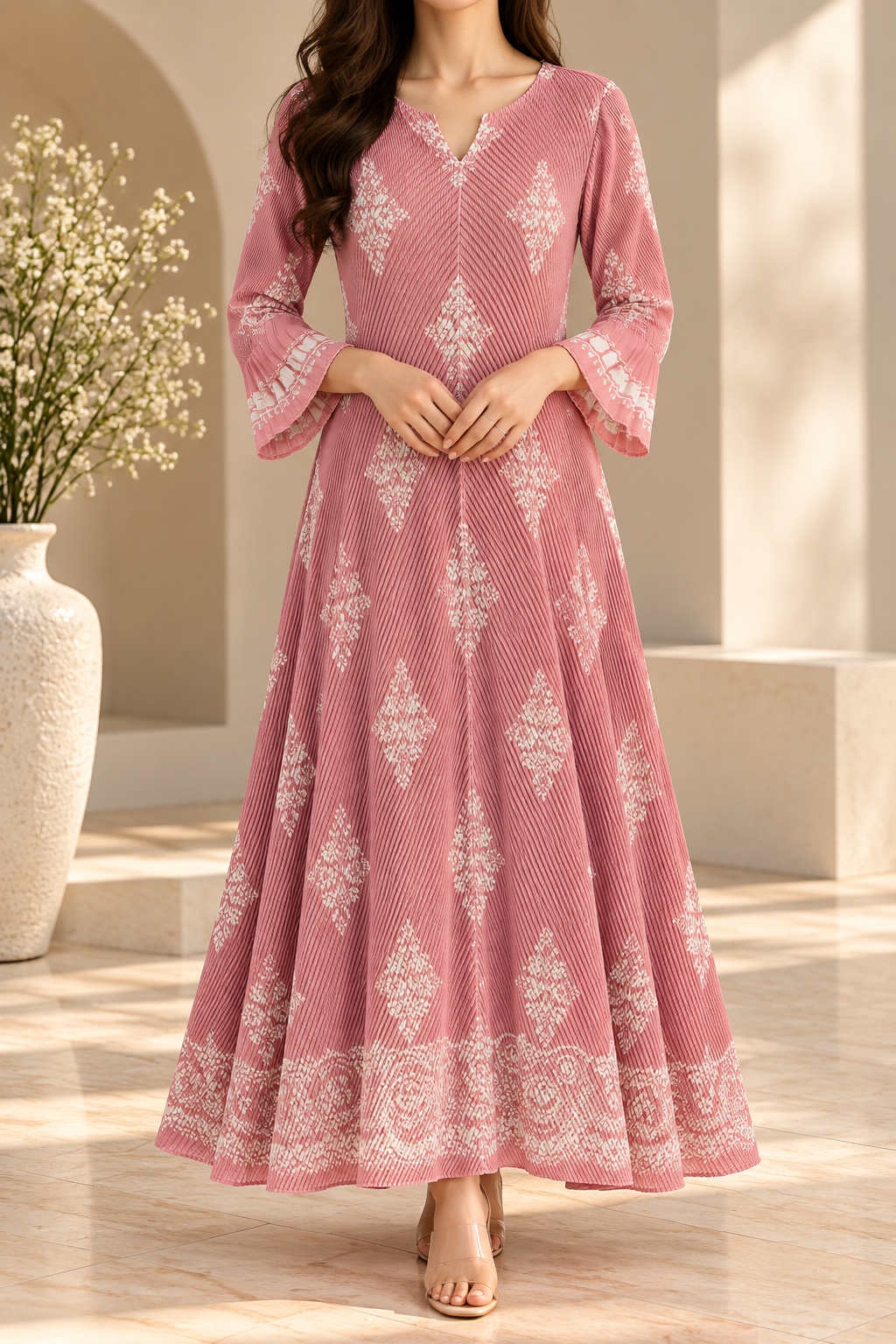AA 0111 Pink Pleated Printed Flared Dress