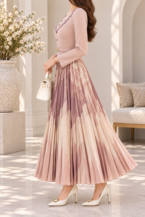 AA 0111 Blush Pink Printed Pleated Maxi Dress
