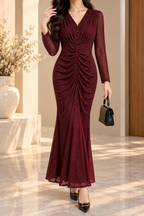 Ruched V-Neck Long Sleeve Bodycon Dress