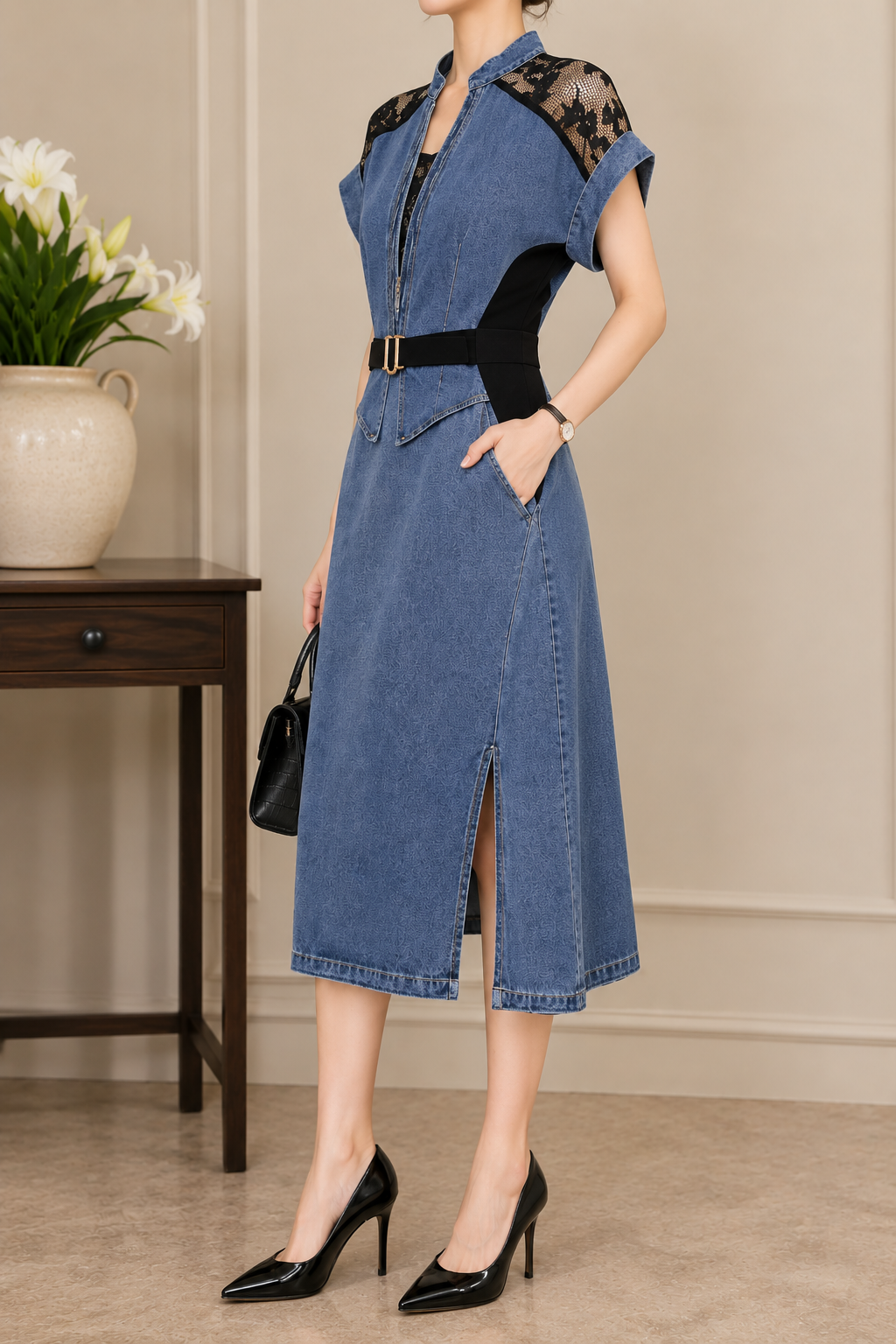 AA 0111F Luxe Denim Midi Dress